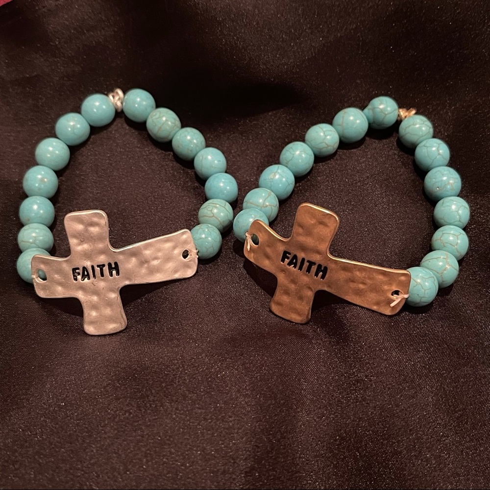 Turquoise Bracelets With FAITH Crosses, Lot Of 2